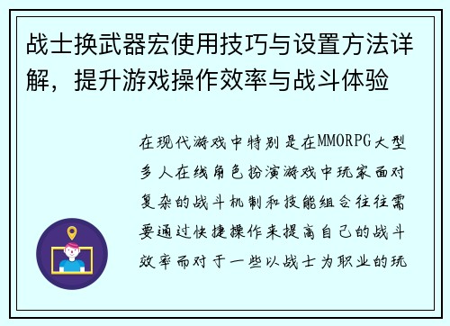 战士换武器宏使用技巧与设置方法详解，提升游戏操作效率与战斗体验